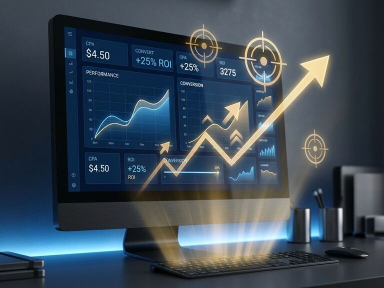 CPA-Optimierung Dashboard mit aufsteigenden Performance-Kurven, Conversion-Daten und goldenen Zielsymbolen auf modernem Monitor