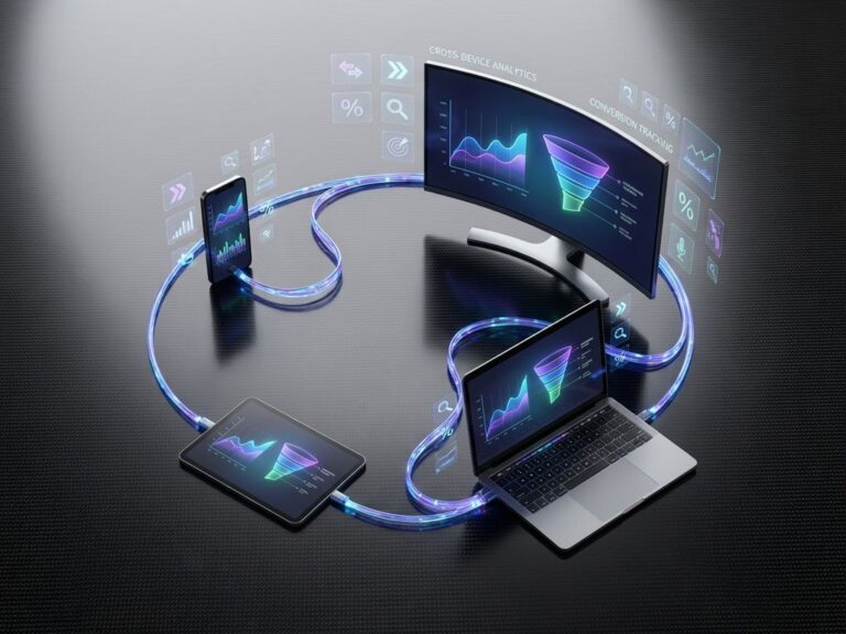 Vernetzte Geräte mit leuchtenden Datenverbindungen zeigen Analytics-Grafiken für Cross-Device-Tracking im Marketing