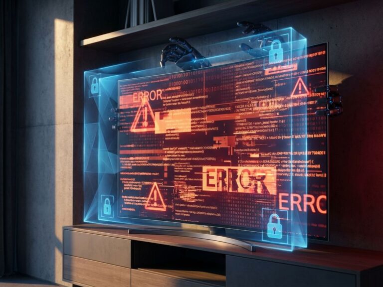 Smart-TV-Bildschirm mit rotem Glitch-Code und blauen Sicherheitsschildern gegen Bot-Betrug in modernem Wohnzimmer
