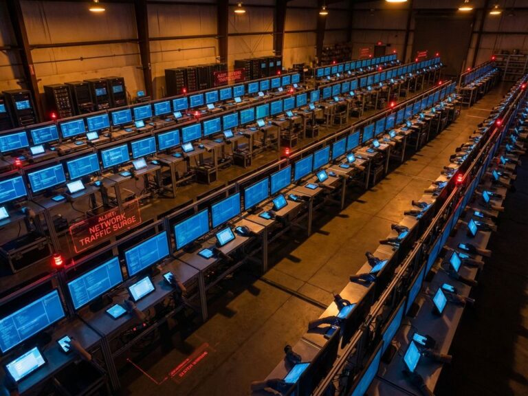 Massive Lagerhalle mit hunderten Computerarbeitsplätzen in Reihen, blaue Bildschirmbeleuchtung, rote Warnindikatoren