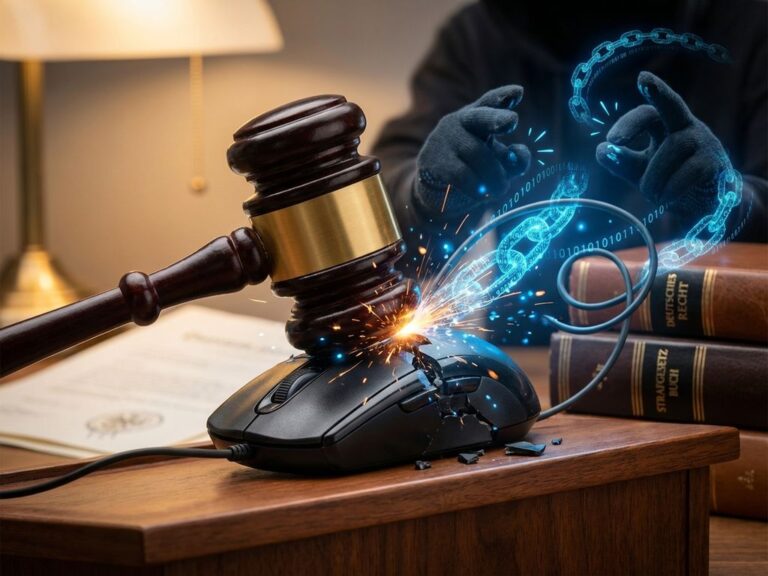 Richterhammer schlägt auf Computermaus, digitale Ketten um Finger, Gerichtssaal mit deutschen Rechtsbüchern im Hintergrund