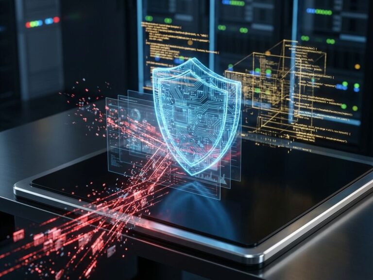 Digitaler Cybersecurity-Schild aus leuchtenden blauen Schaltkreisen deflektiert rote Warnsignale über dunkler Oberfläche