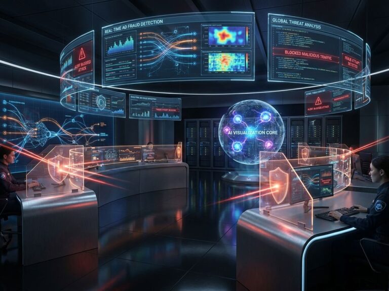 Cybersicherheits-Kommandozentrale mit holografischen Bildschirmen, Datenanalyse und KI-Betrugserkennungssystemen
