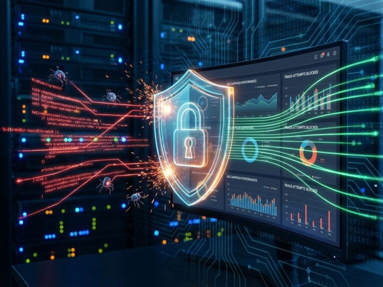 Digitaler Schutzschild blockiert rote Cyberangriffe vor Computer mit Werbeanalytik-Dashboard, grüne Datenströme fließen sicher