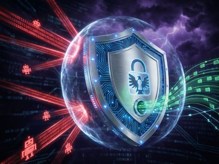 Digitale Schild-Festung mit leuchtenden Schaltkreisen deflektiert rote Malware und schützt grüne Datenströme vor Cyberbedrohungen