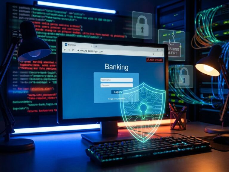 Computer mit gefälschter Website und digitaler Schutzschild über Tastatur, rote Malware-Ströme gegen grüne sichere Daten