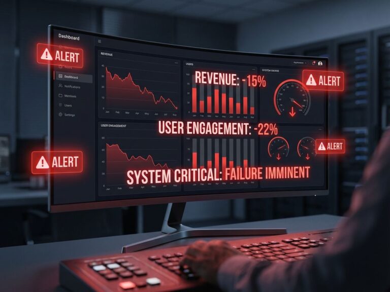 Dashboard-Display mit roten Warnhinweisen und fallenden Leistungsdiagrammen auf dunklem professionellem Interface