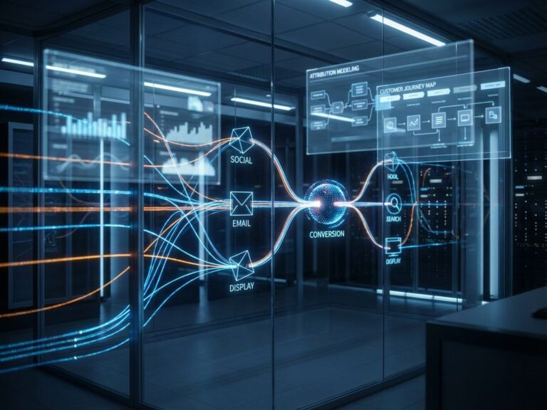 Datengetriebene Attribution mit vernetzten digitalen Touchpoints und Analytics-Dashboards in technologischer Umgebung