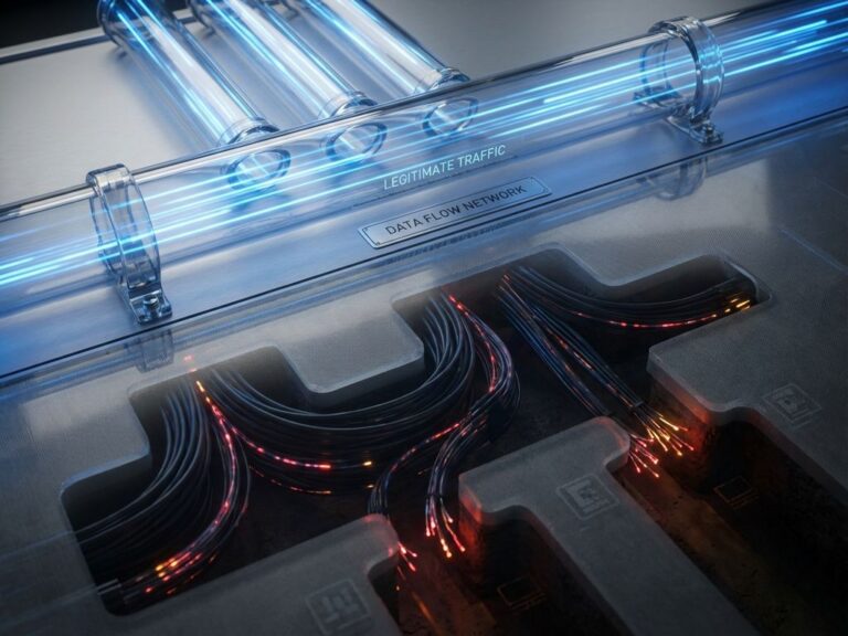 Datenströme in Glasröhren mit blauen legitimen und roten verdächtigen Pfaden durch versteckte Glasfaserkabel