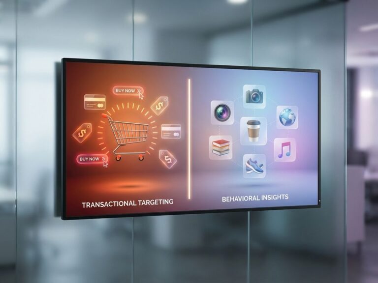 Geteilte Darstellung digitaler Zielgruppensegmentierung: Einkaufswagen mit Kaufsignalen links, Lifestyle-Icons rechts