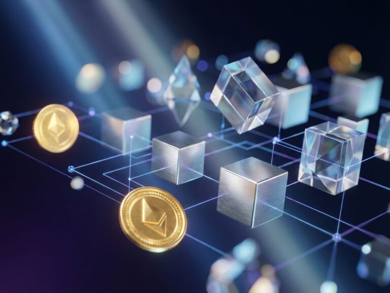 Goldene Münzen und silberne Datenblöcke schweben in organisierter Formation mit holografischen Verbindungslinien