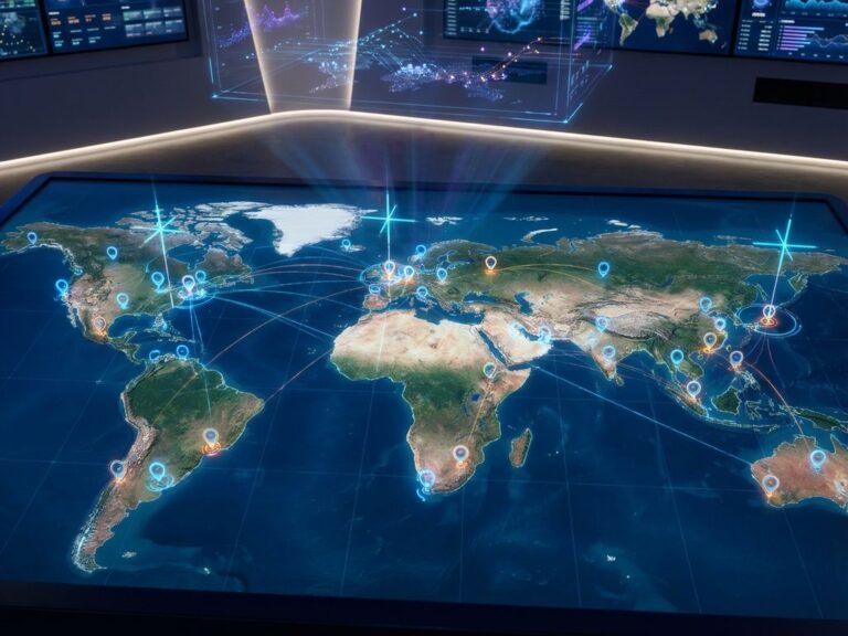 Weltkartenvisualisierung mit leuchtenden digitalen Markierungen und Netzwerkverbindungen für geografisches Targeting