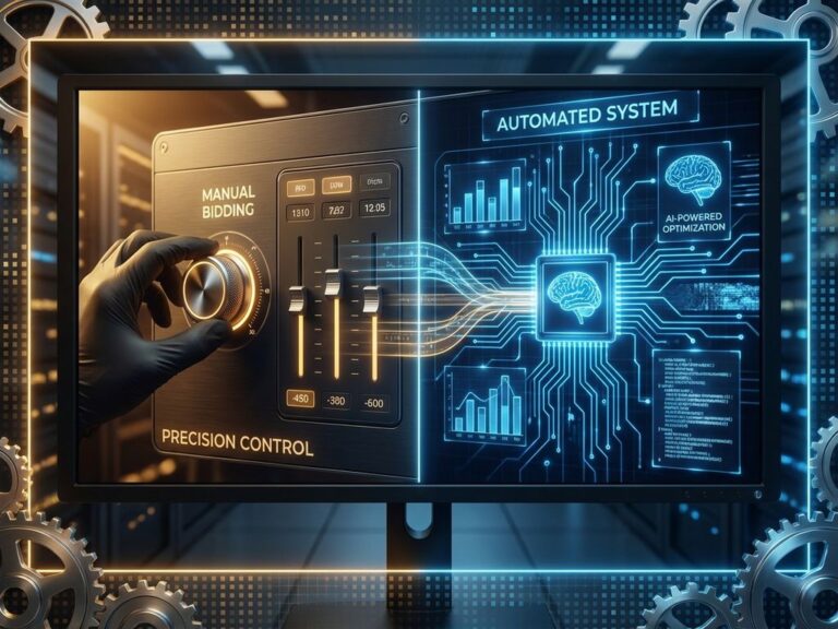 Split-Screen-Vergleich: Manuelle Gebotssteuerung mit Hand an Reglern links, automatisierte KI-Werbeplattform rechts