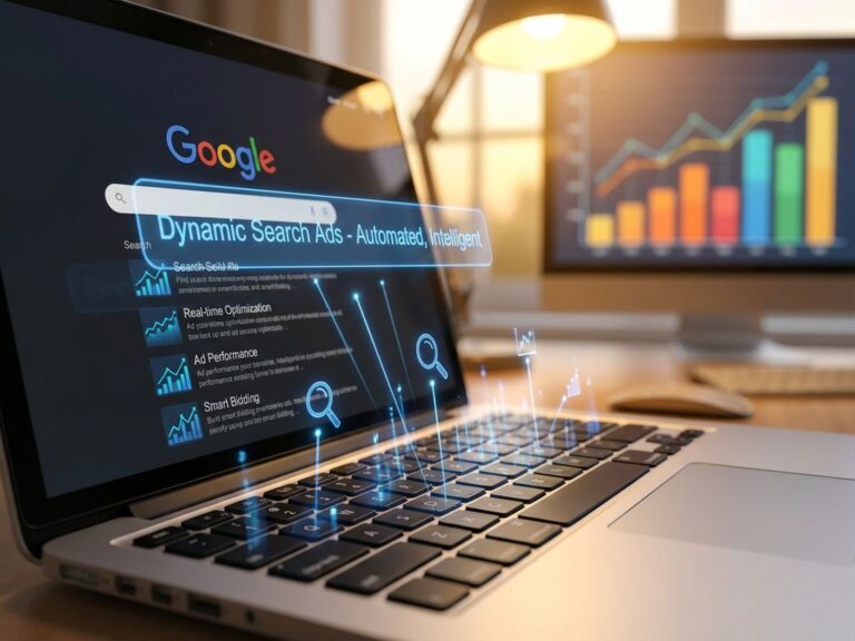 Laptop mit Google-Suchoberfläche und holografischen blauen Suchvorschlägen über der Tastatur, Analytics-Grafiken im Hintergrund