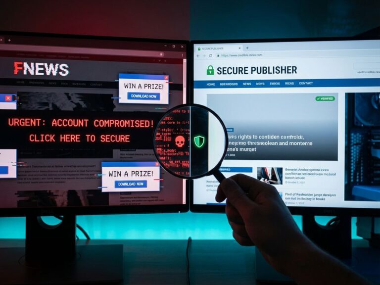 Geteilter Bildschirm zeigt betrügerische Website mit Glitch-Elementen links, saubere legitime Website rechts mit Lupe