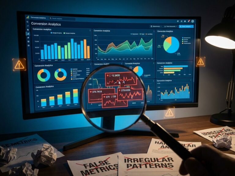 Computer-Monitor zeigt Conversion-Analytics-Dashboard mit Lupe über verdächtigen roten Datenpunkten und Warnhinweisen