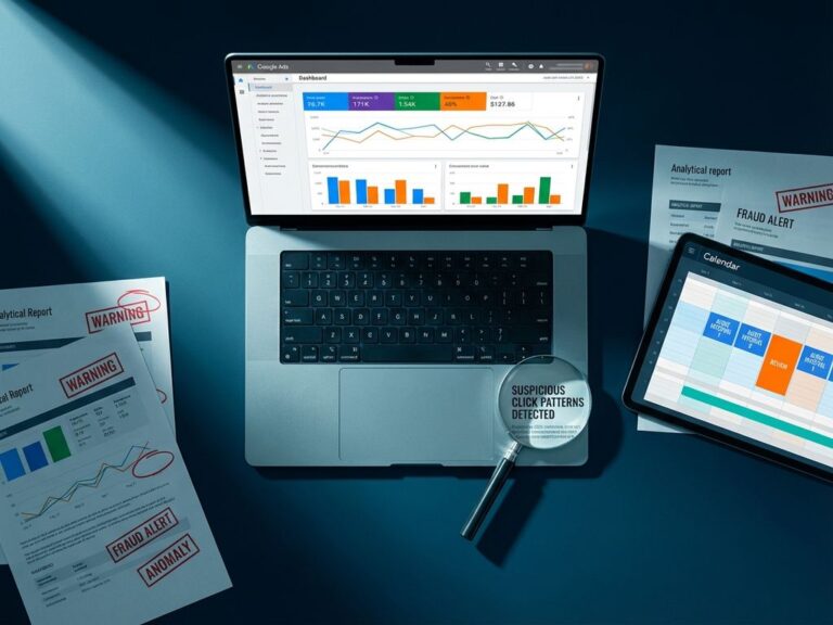 Laptop mit Google Ads Dashboard und Audit-Tools zur Betrugsaufdeckung auf modernem Schreibtisch, Draufsicht