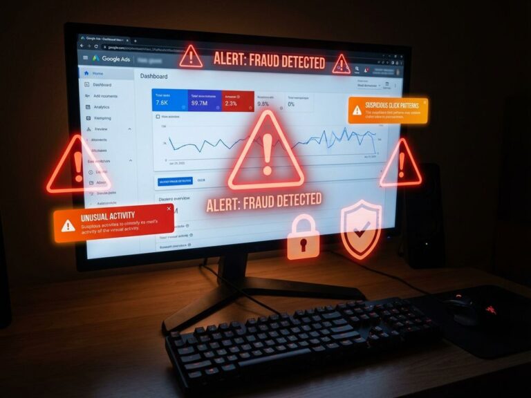 Google Ads Dashboard mit roten Warnmeldungen und Betrugserkennungsgrafiken auf Computerbildschirm mit Sicherheitssymbolen