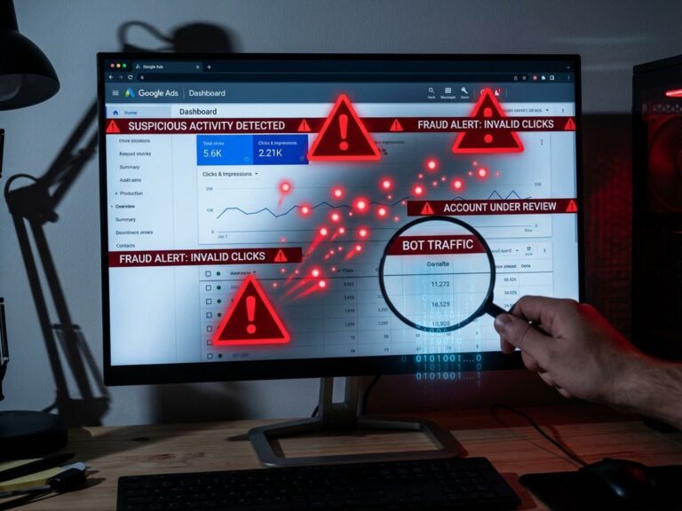 Google Ads Dashboard mit roten Warnsymbolen und Betrugserkennungs-Indikatoren auf Computerbildschirm