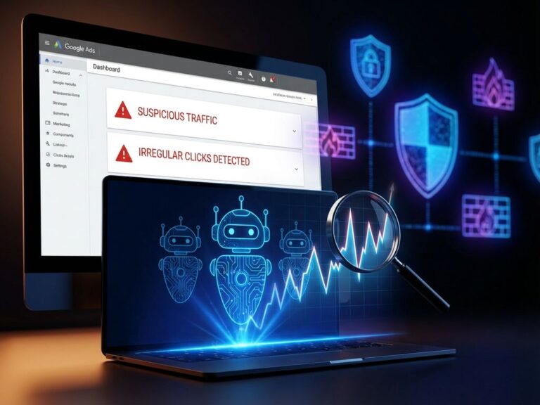 Google Ads Dashboard mit roten Warnhinweisen und blauen Bot-Silhouetten, die verdächtige Klick-Muster und Betrug anzeigen