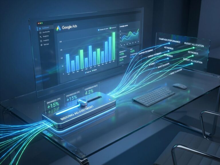 Google Ads Dashboard mit Gebotsanpassungs-Regler und leuchtenden Datenvisualisierungen in blau-grünem Design