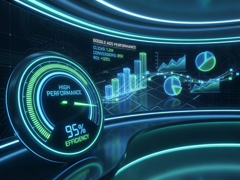 Google Ads Dashboard mit Performance-Metriken, leuchtenden Datenvisualisierungen und 3D-Diagrammen in blau-grünem Design