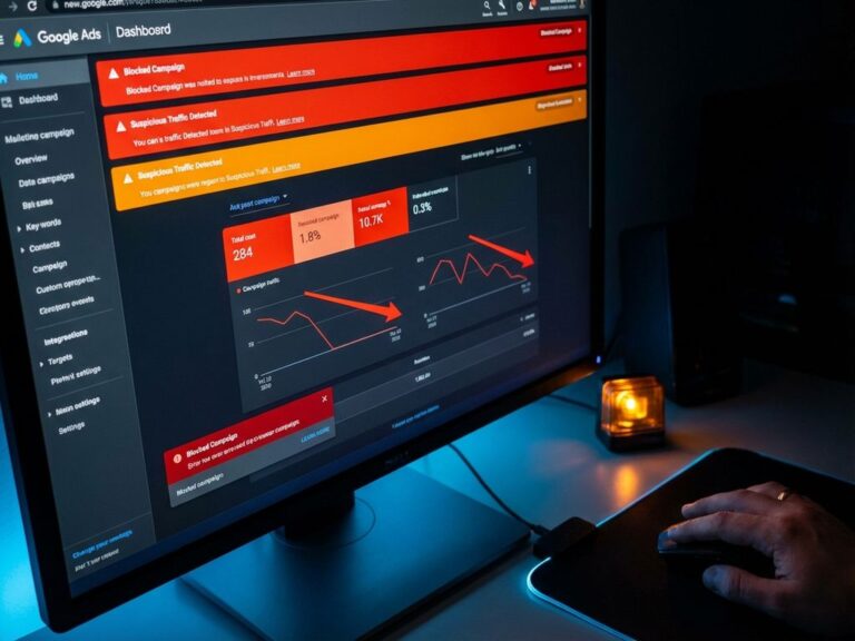 Google Ads Dashboard mit roten Warnmeldungen und Fehlern auf Computerbildschirm, Hand über Maus zeigt Sicherheitsprobleme