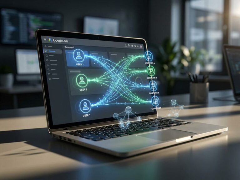 Laptop-Bildschirm zeigt Google Ads Interface mit leuchtenden Datenverbindungen und digitalen Partikeln in blau-grün