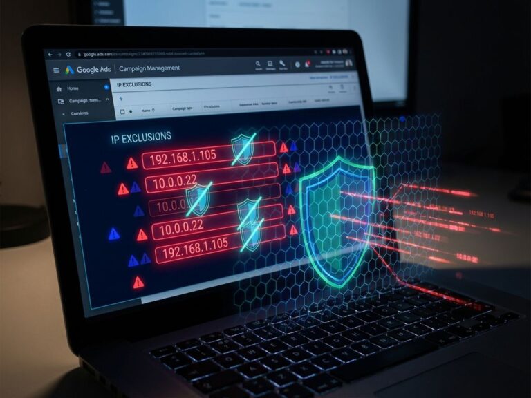 Google Ads-Interface auf Computerbildschirm mit blockierten IP-Adressen und digitalen Sicherheitsschildern zur Cybersecurity