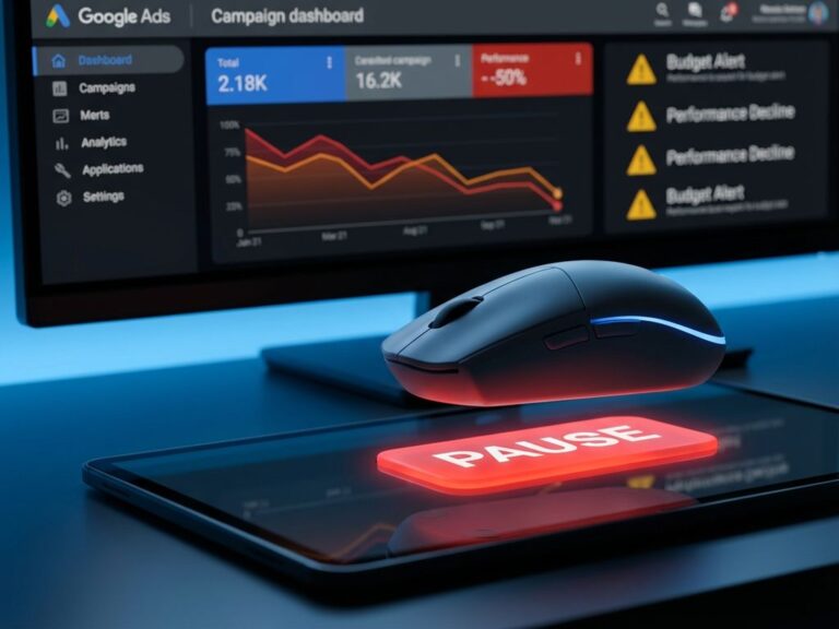 Computermaus über rotem Pause-Button einer Google Ads Kampagne mit Leistungsdiagrammen im Hintergrund