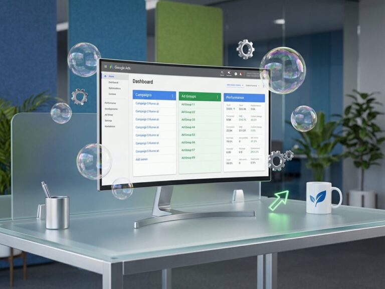 Sauberer digitaler Arbeitsplatz mit Google Ads Interface auf Monitor, umgeben von Seifenblasen und Optimierungssymbolen