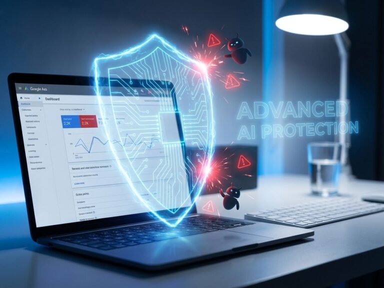 Digitaler Schutzschild aus blauer Energie deflektiert rote Warnungen über Google Ads Interface auf Computerbildschirm