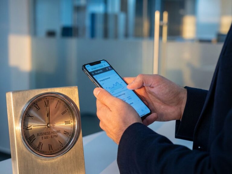 Geschäftsmann hält Smartphone mit Google Ads Interface neben analoger Uhr in modernem Büro mit dramatischer Beleuchtung