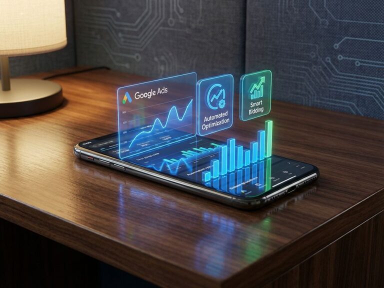 Smartphone zeigt Google Ads Interface mit leuchtenden blauen Diagrammen und 3D-Hologramm-Icons auf dunklem Holztisch