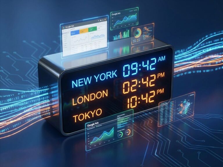 Digitale Uhr mit Zeitzonen umgeben von holografischen Google Ads-Elementen und Leistungsdiagrammen für Anzeigenplanung