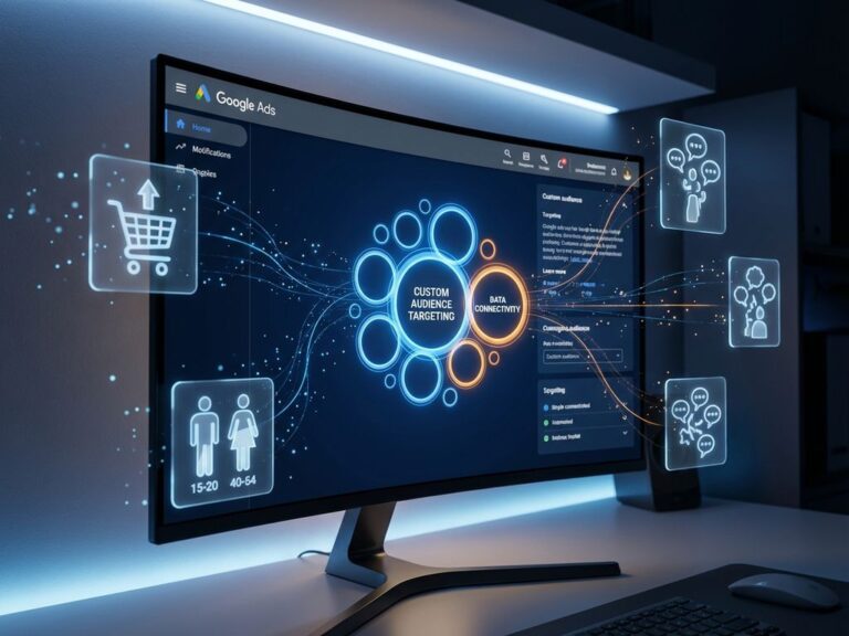 Computerbildschirm zeigt Google Ads Interface mit leuchtenden Zielgruppen-Kreisen und holografischen Marketing-Symbolen