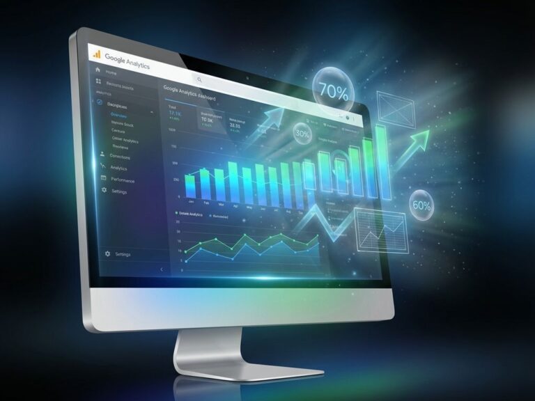 Computerbildschirm zeigt Google Analytics Dashboard mit holografischen Datenvisualisierungen und leuchtenden Diagrammen