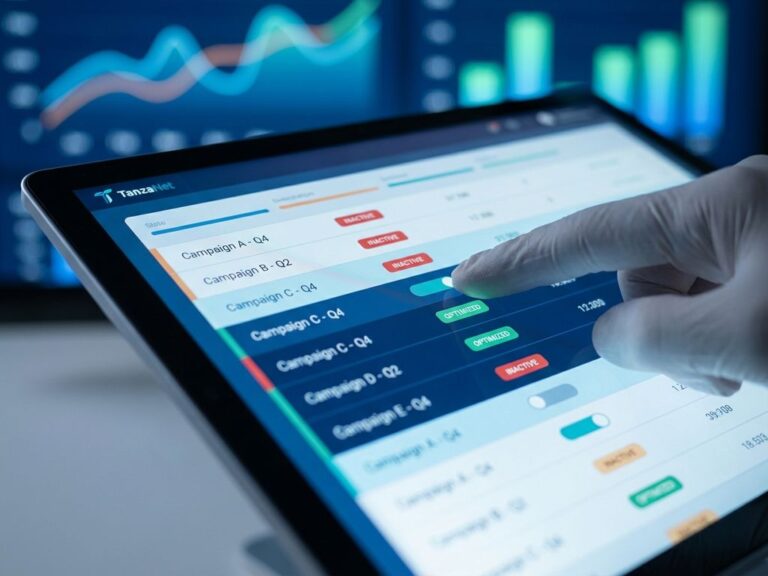 Digitales Dashboard mit Kampagnen-Toggles, die von rot "inaktiv" auf grün "optimiert" wechseln, TanzaNet Interface