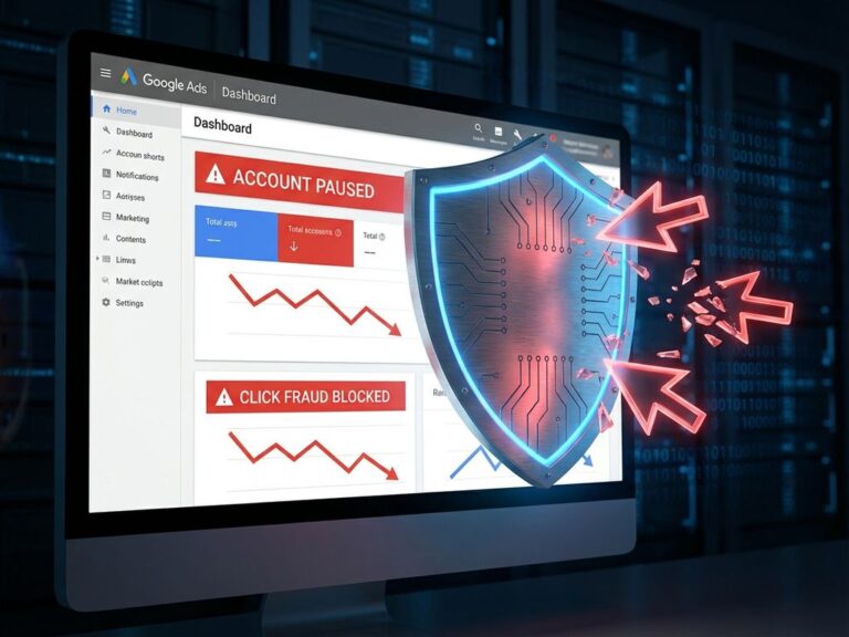 Computer-Bildschirm mit Google Ads Dashboard und roten Warnmeldungen, metallischer Schutzschild blockiert Klickbetrug-Angriffe