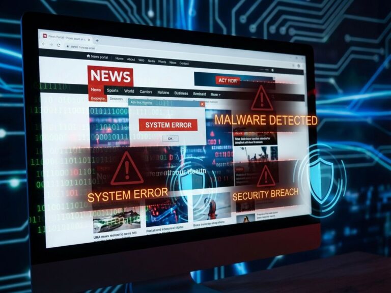 Computerbildschirm mit bösartigem Code-Overlay und roten Sicherheitswarnungen, Schutzschild-Symbole blockieren Cyberangriff