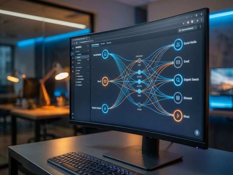 Digital Analytics Dashboard mit leuchtenden Datenströmen und Conversion-Pfaden auf professionellem Monitor