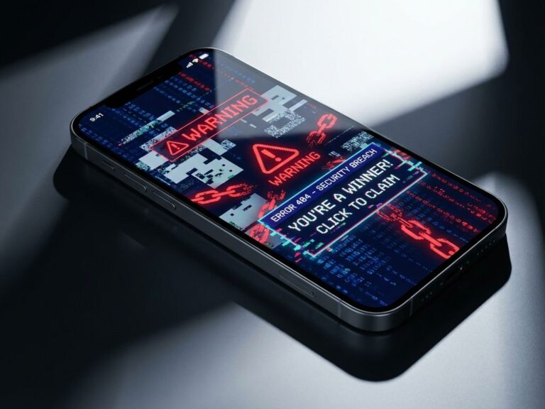 Smartphone mit betrügerischen mobilen Anzeigen, digitalen Glitches und roten Warnzeichen auf dunklem Hintergrund