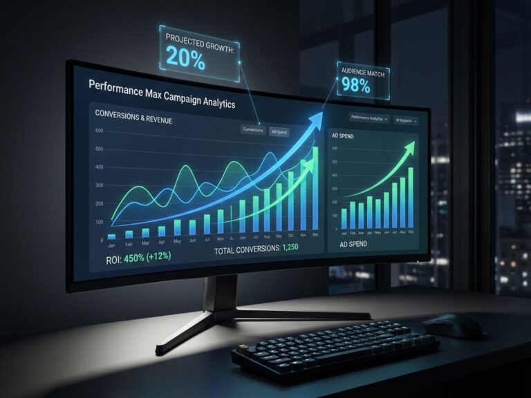 Performance Max Dashboard mit grünen und blauen Datenvisualisierungen zeigt steigende Conversion-Metriken und ROI-Graphen
