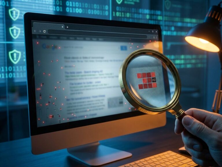 Computermonitor zeigt versteckte 1x1-Pixel-Werbung mit roter Warnanzeige, Lupe vergrößert Betrugs-Ads im Browser