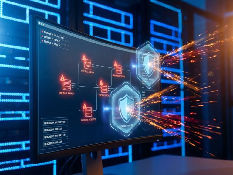 Computernetzwerk-Diagramm mit roten Warnmeldungen und schwebenden Proxy-Servern, die bösartigen Traffic abwehren