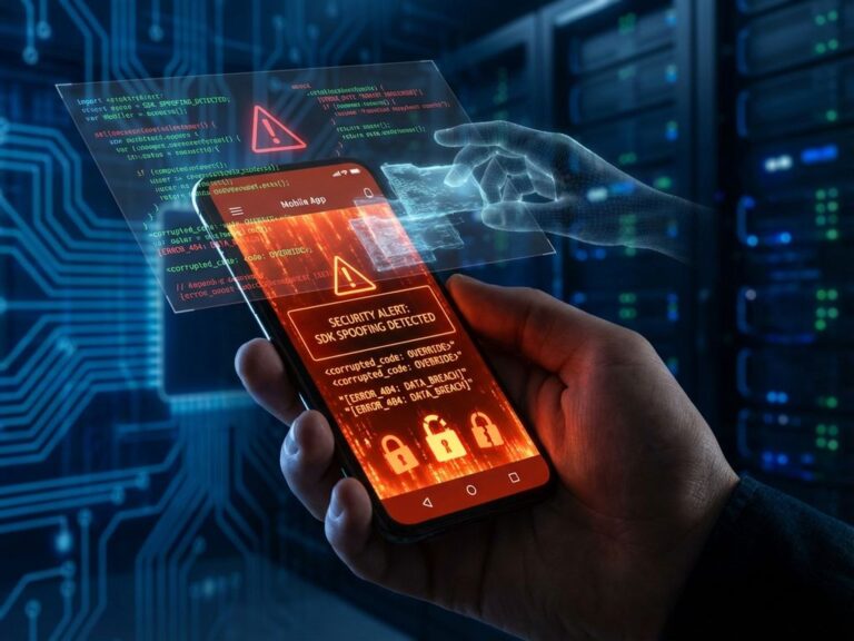 Smartphone-Bildschirm mit rotem Warnlicht und schwebenden Codefragmenten zeigt SDK-Spoofing-Sicherheitsbedrohungen