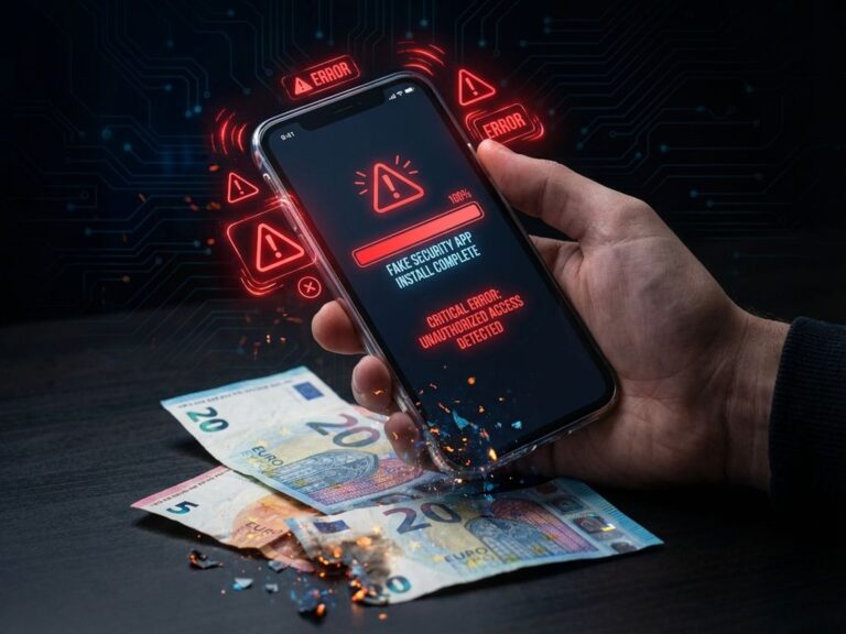 Smartphone mit gefälschter App-Installation und roten Warnzeichen über brennenden Euro-Banknoten, die Betrug symbolisieren