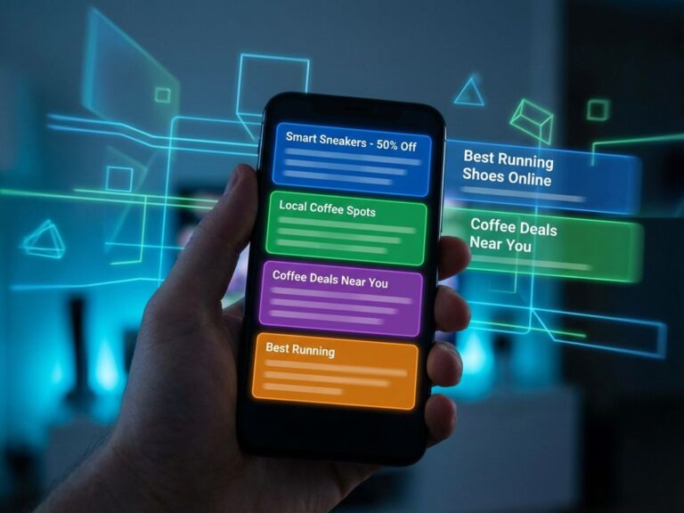 Smartphone zeigt dynamische Such-Anzeigen mit sich verändernden Headlines und holographischen Datenströmen in Blau-Grün-Tönen