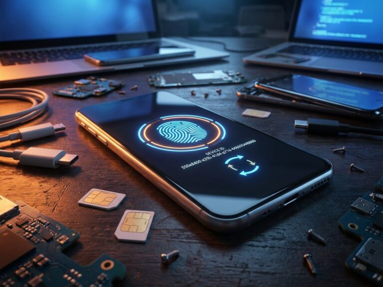 Smartphone mit Fingerabdruck-Scanner und Device ID auf Holztisch, umgeben von SIM-Karten und elektronischen Bauteilen