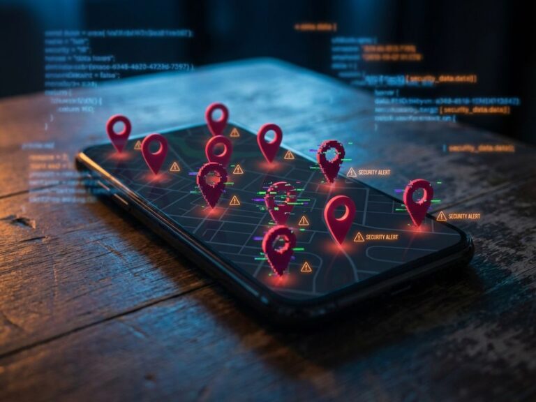 Smartphone zeigt digitale Karte mit fehlerhaften roten Standort-Pins und Glitch-Effekten auf dunklem Holztisch